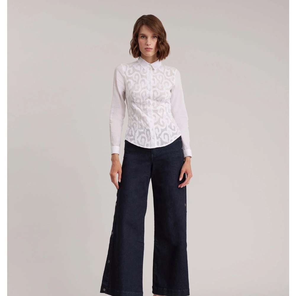 NWT Anne Fontaine Ermine White Patterned Button Up Top Size 36